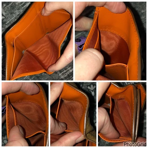 Prada AUTHENTIC Tan Leather Orange Interior Trifold Gold Logo Compact Wallet - Picture 16 of 16